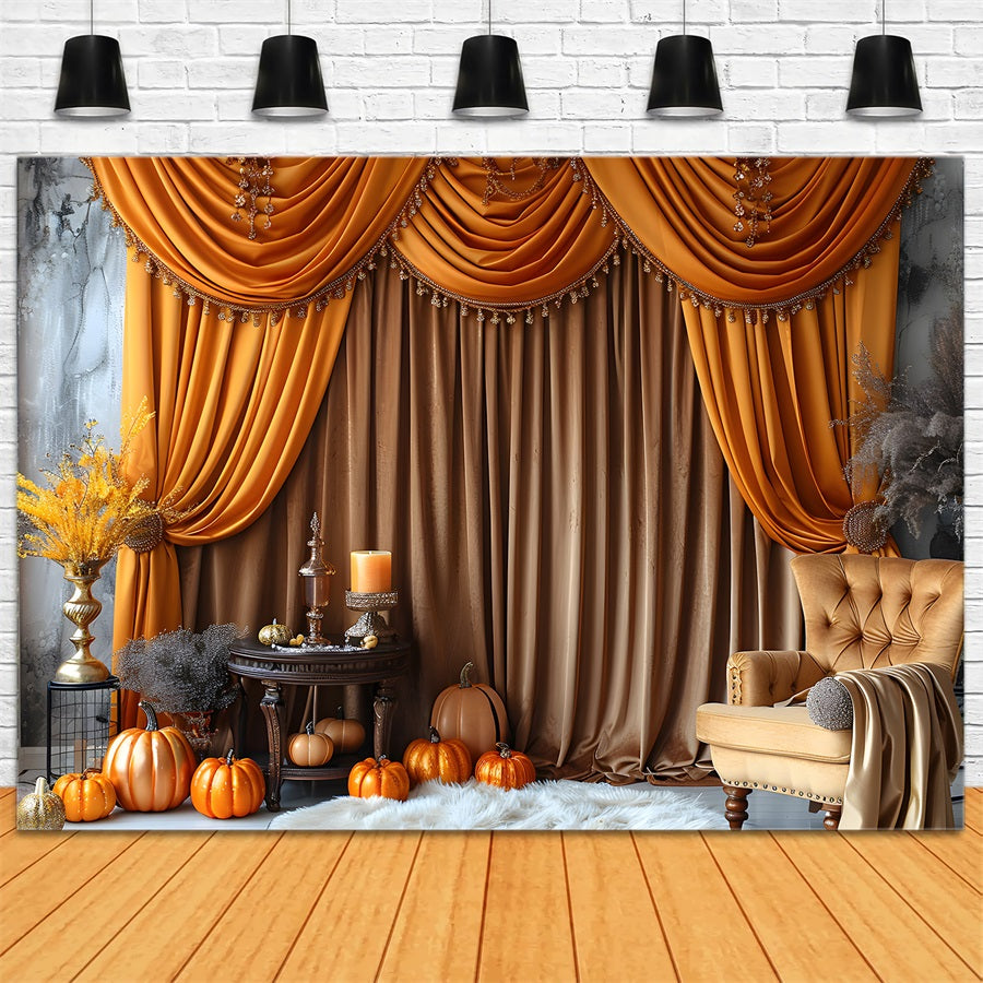 Elegant Autumn Drapery Pumpkins Golden Backdrop UK RR7-308