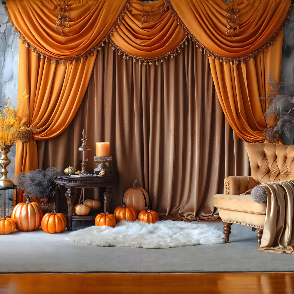 Elegant Autumn Drapery Pumpkins Golden Backdrop UK RR7-308