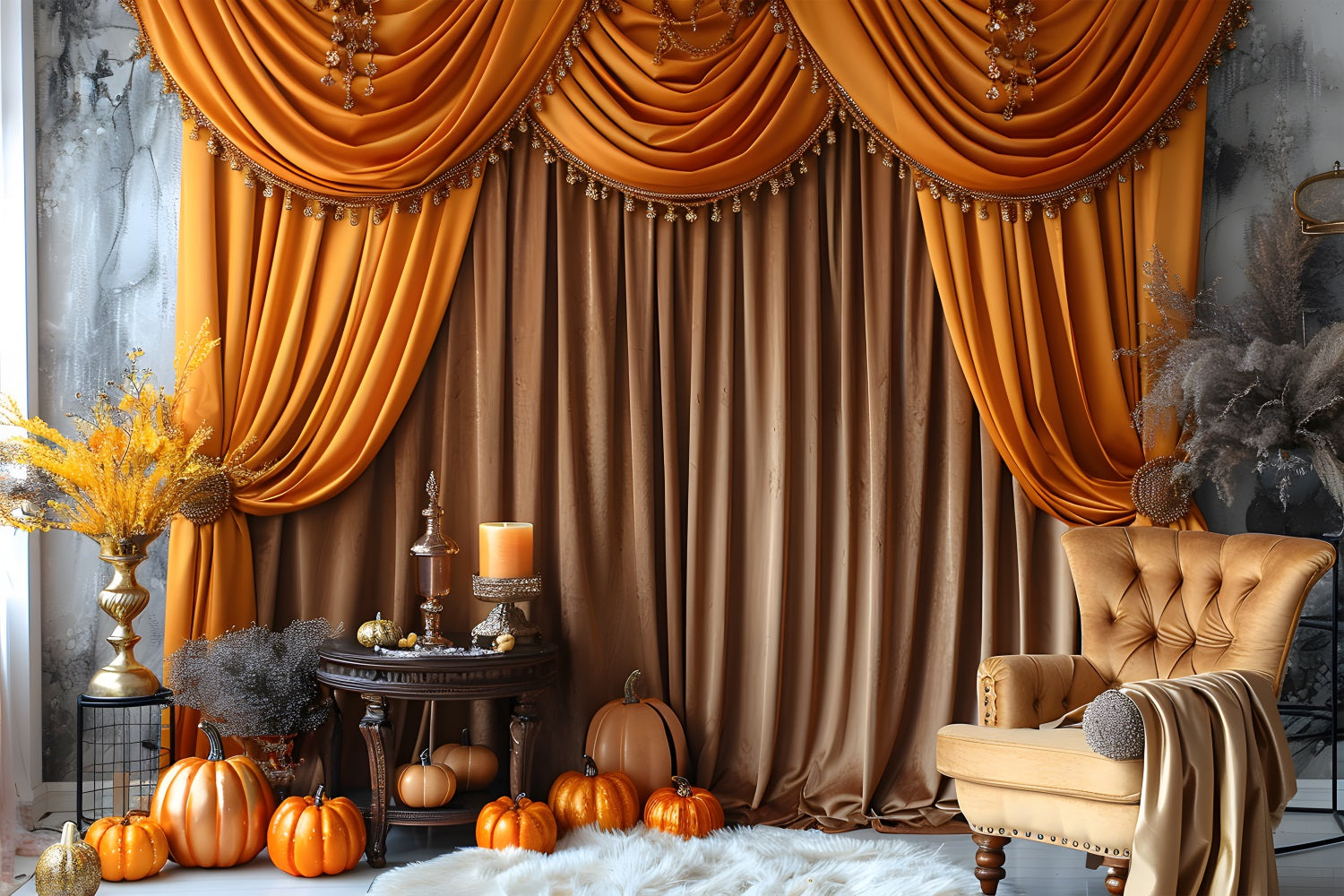 Elegant Autumn Drapery Pumpkins Golden Backdrop UK RR7-308