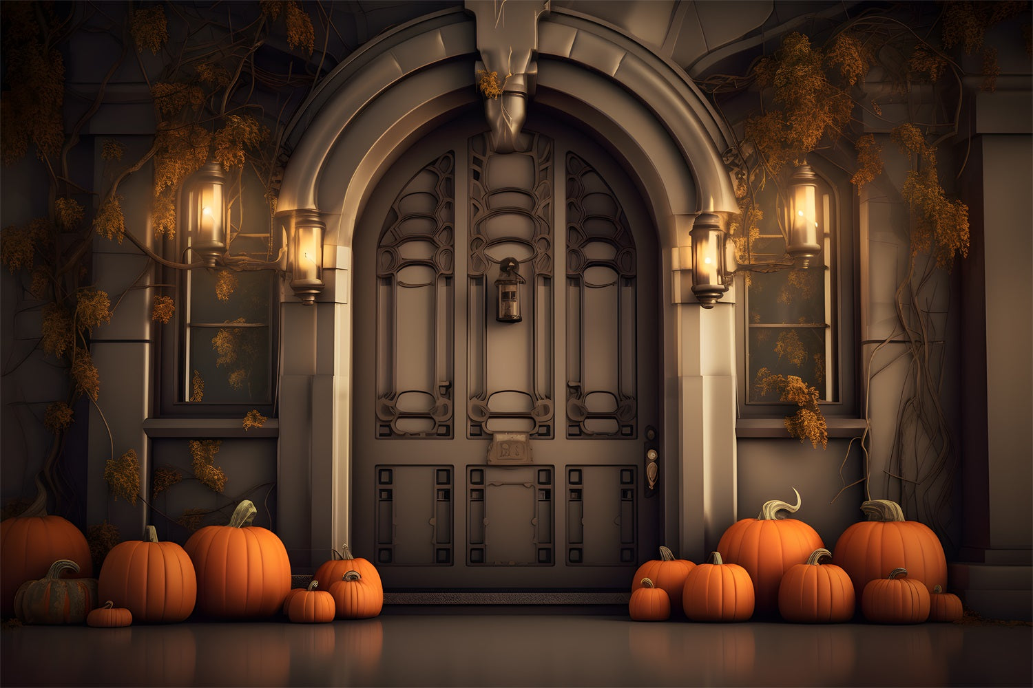 Elegant Autumn Entrance Pumpkins Lanterns Backdrop UK RR7-311