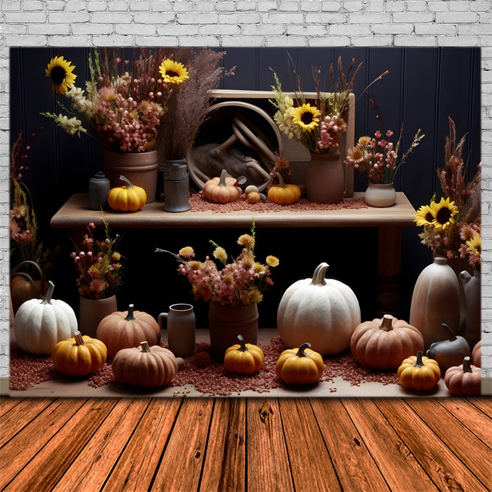 Rustic Autumn Display Pumpkins Sunflowers Backdrop UK RR7-313