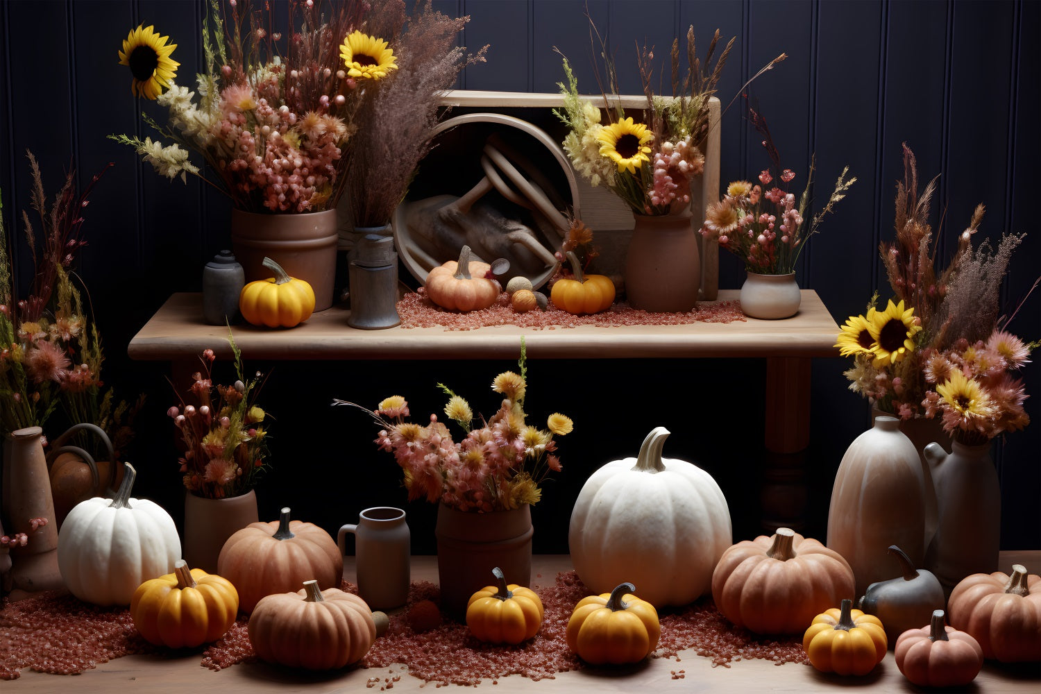 Rustic Autumn Display Pumpkins Sunflowers Backdrop UK RR7-313