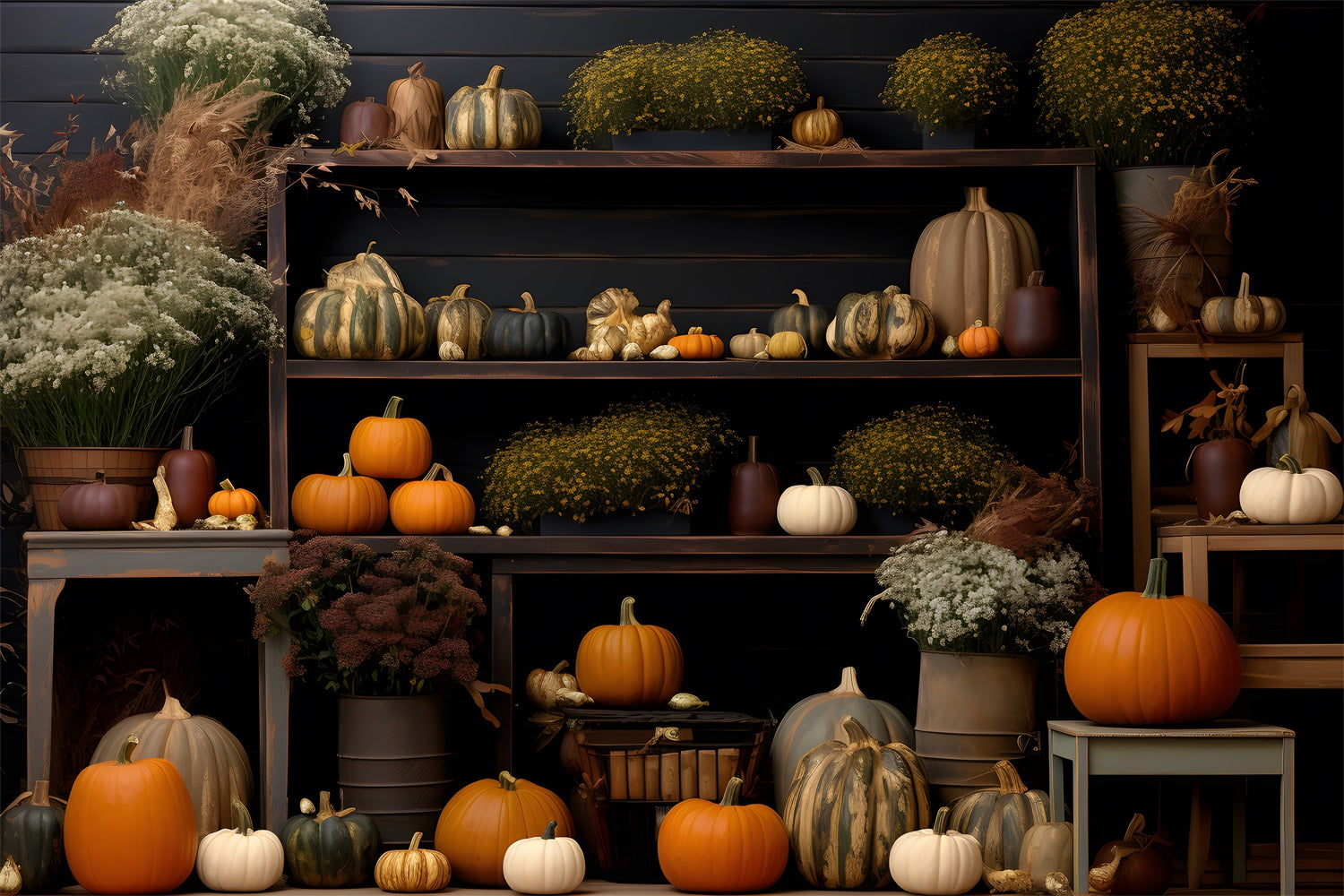 Cozy Autumn Display Pumpkins Flowers Backdrop UK RR7-314