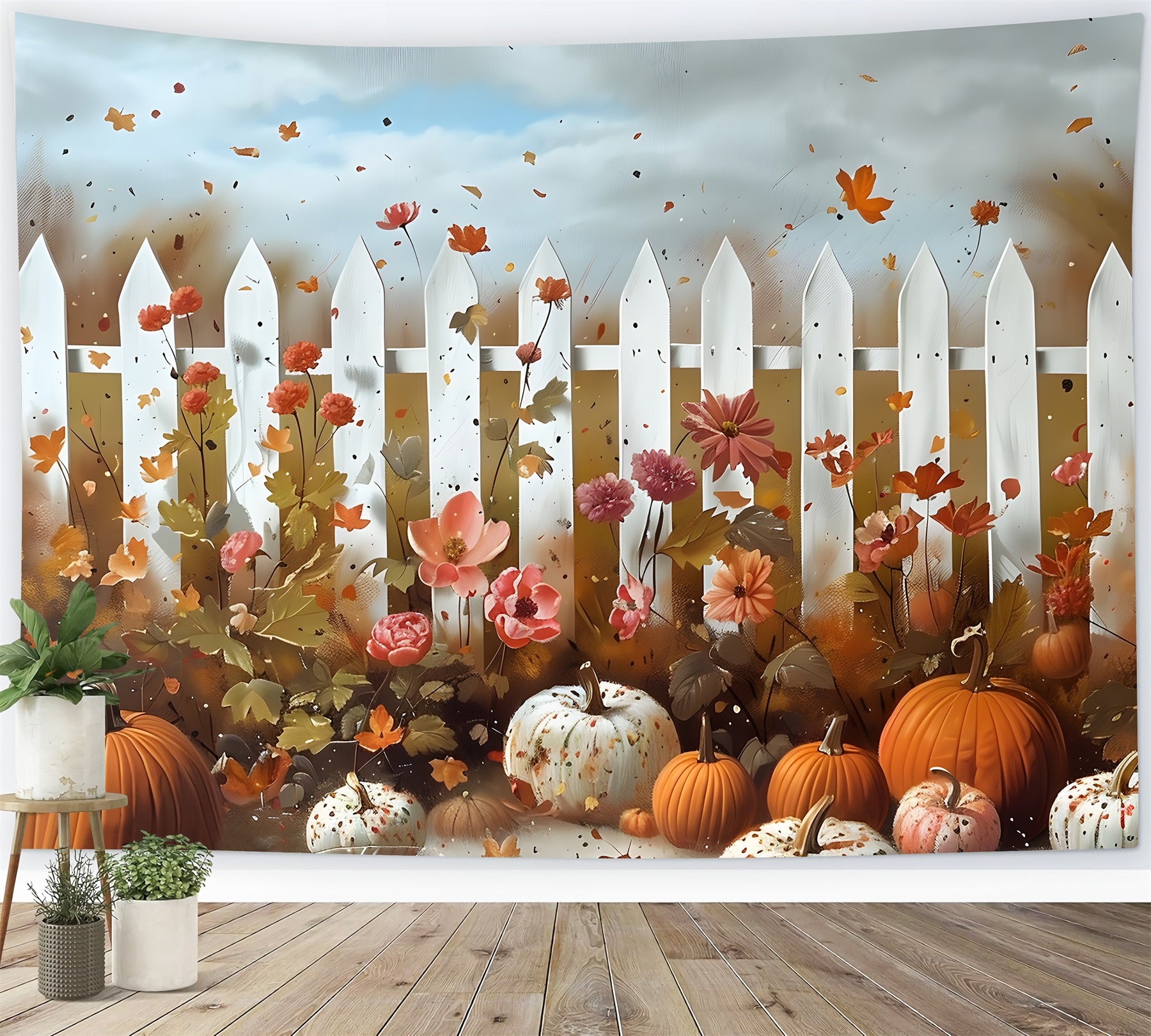 Whimsical Autumn Garden Pumpkins Flowers Backdrop UK RR7-315