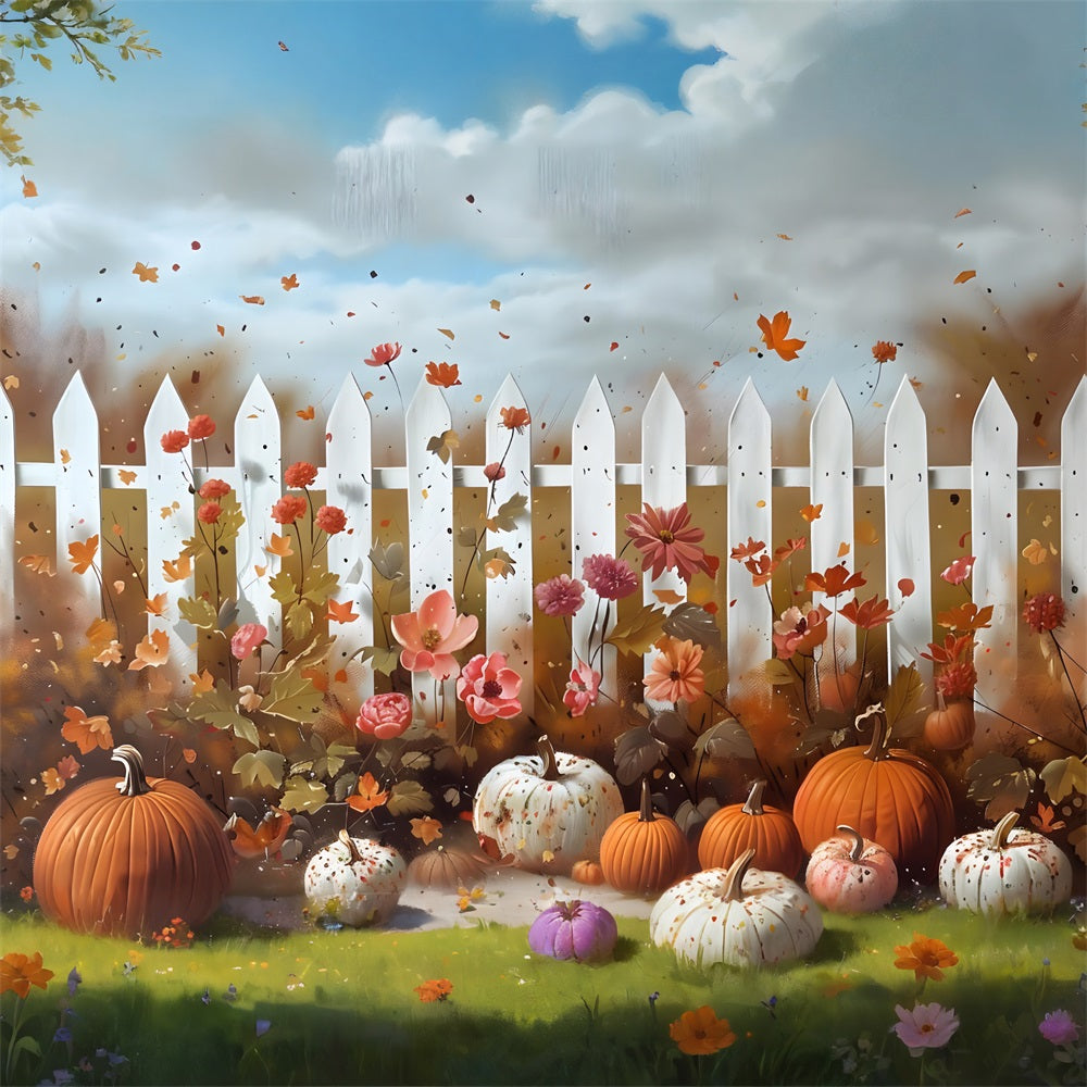 Whimsical Autumn Garden Pumpkins Flowers Backdrop UK RR7-315