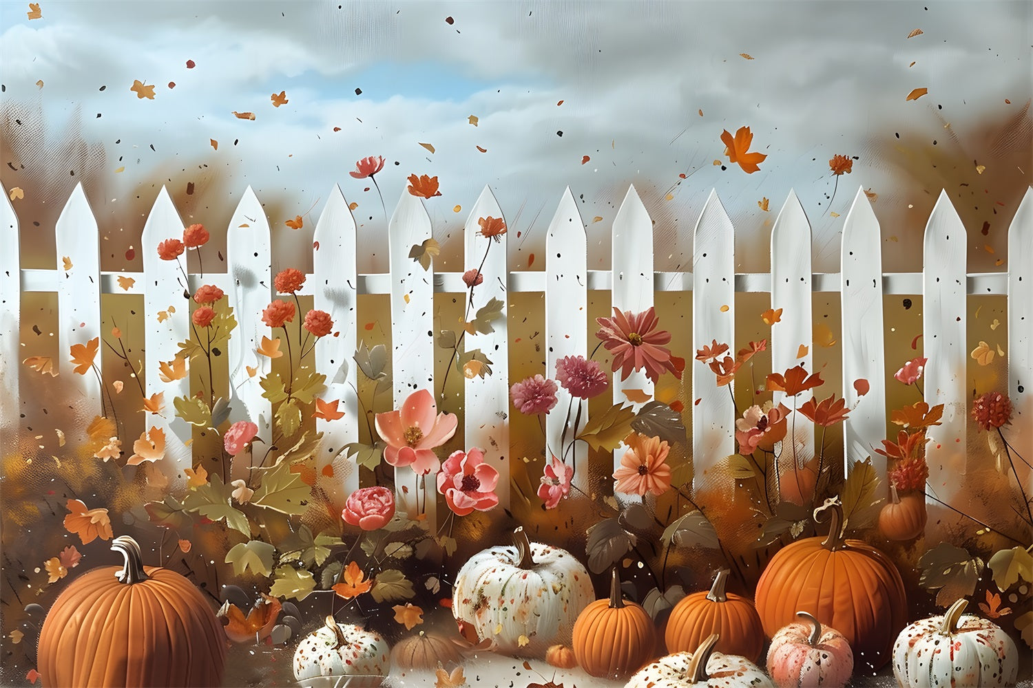 Whimsical Autumn Garden Pumpkins Flowers Backdrop UK RR7-315