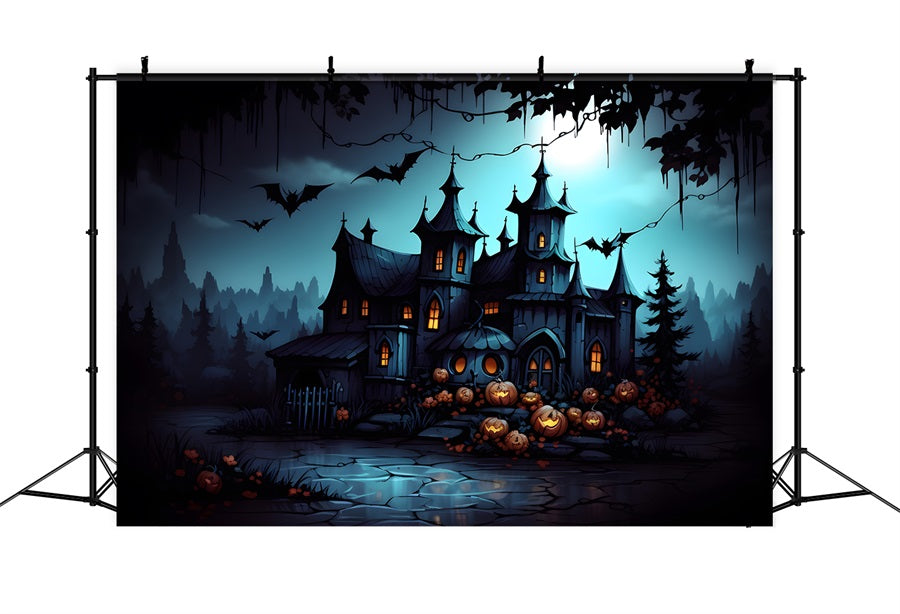 Haunted Gothic Mansion Jack-O'-Lanterns Bats Backdrop UK RR7-316