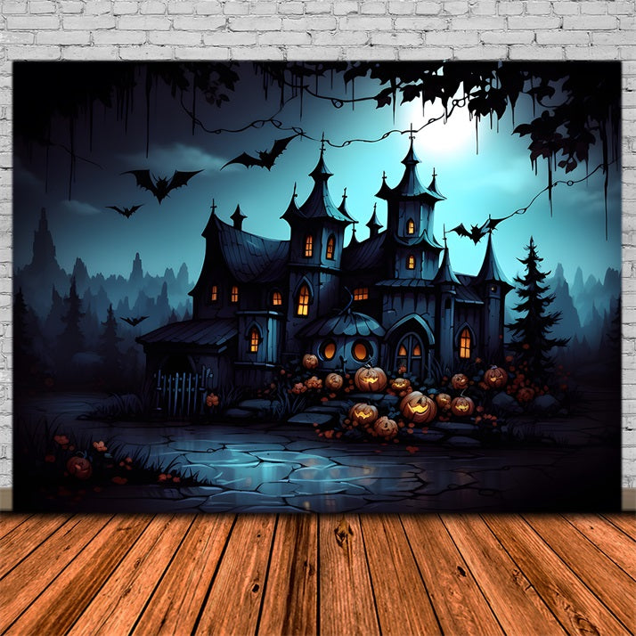 Haunted Gothic Mansion Jack-O'-Lanterns Bats Backdrop UK RR7-316