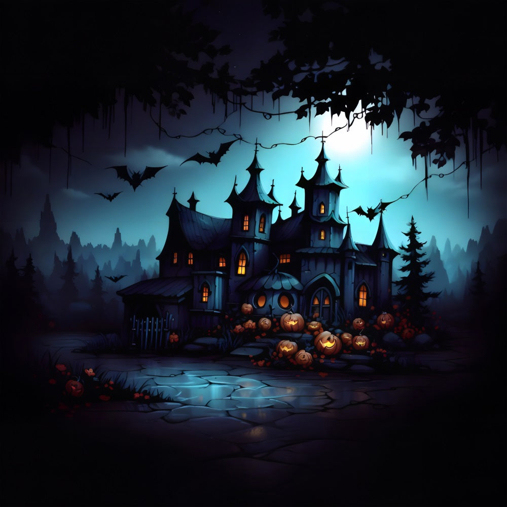 Haunted Gothic Mansion Jack-O'-Lanterns Bats Backdrop UK RR7-316