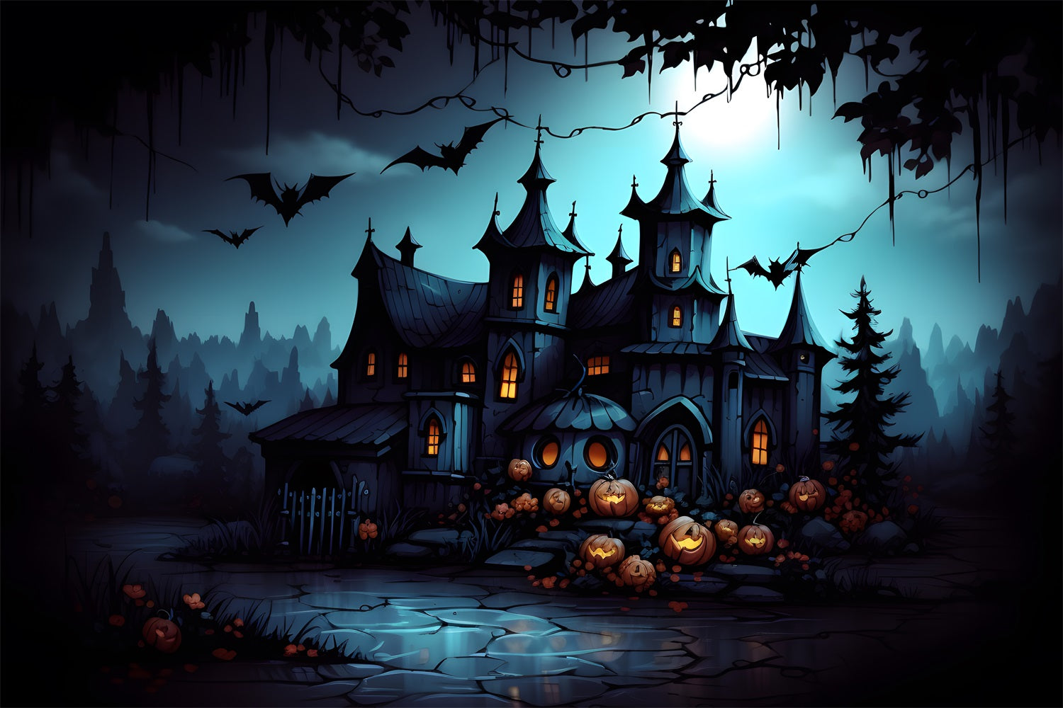 Haunted Gothic Mansion Jack-O'-Lanterns Bats Backdrop UK RR7-316