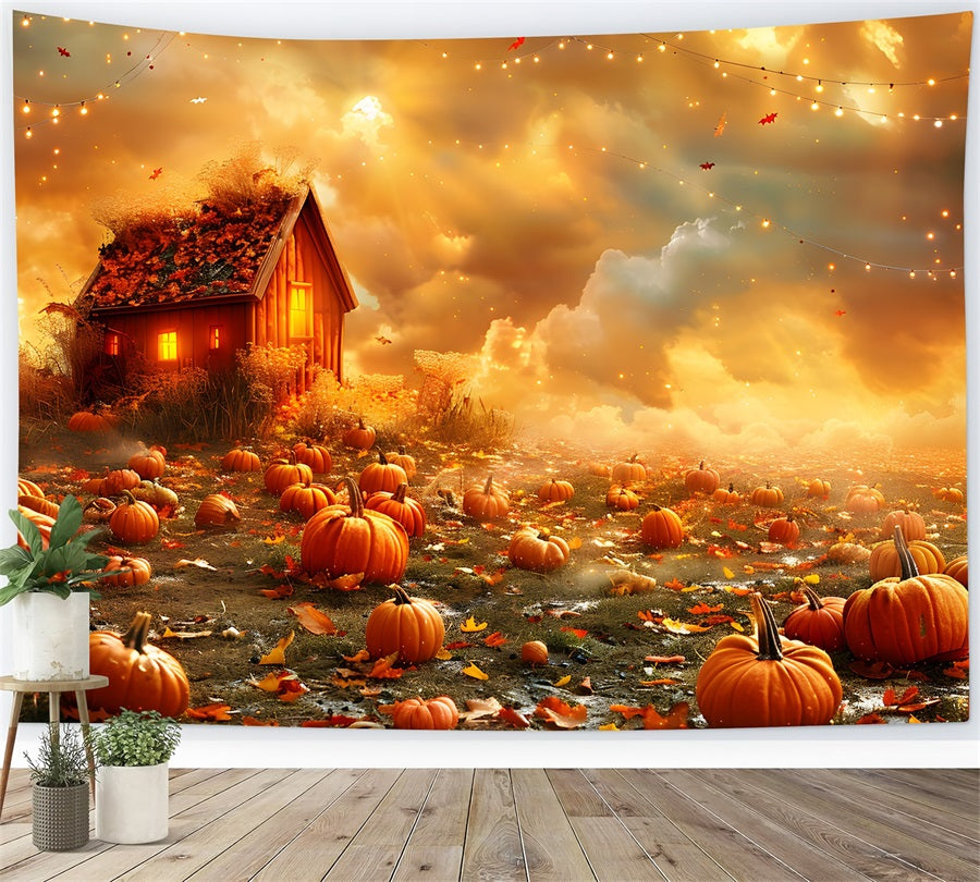 Golden Autumn Pumpkin Field Cozy Cabin Backdrop UK RR7-318