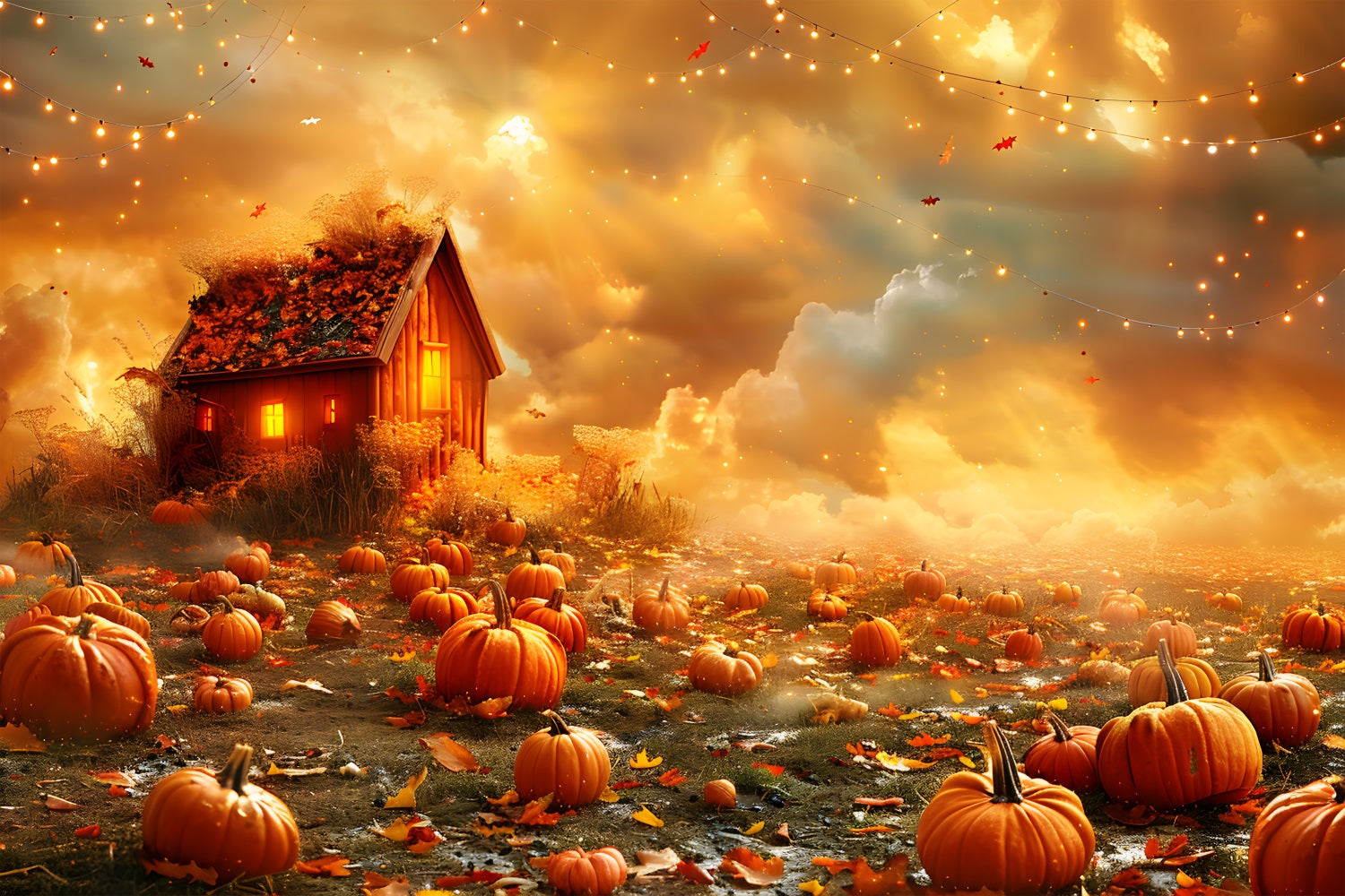 Golden Autumn Pumpkin Field Cozy Cabin Backdrop UK RR7-318