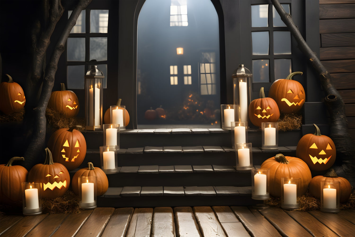 Haunted Porch Pumpkin Lanterns Backdrop UK RR7-319