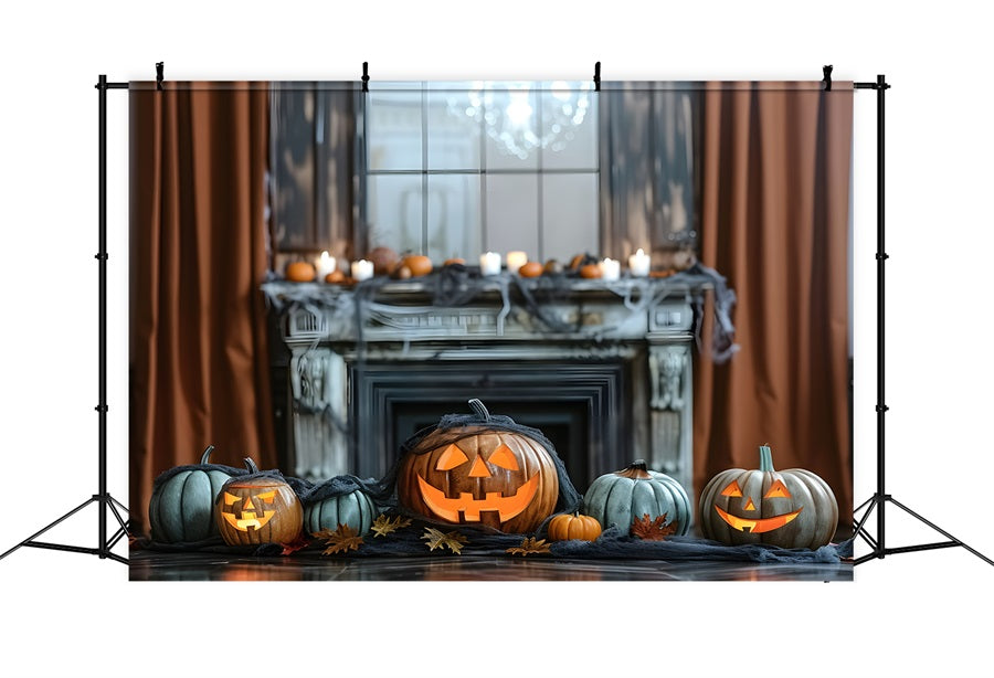 Halloween Fireplace Glowing Pumpkins Backdrop UK RR7-323