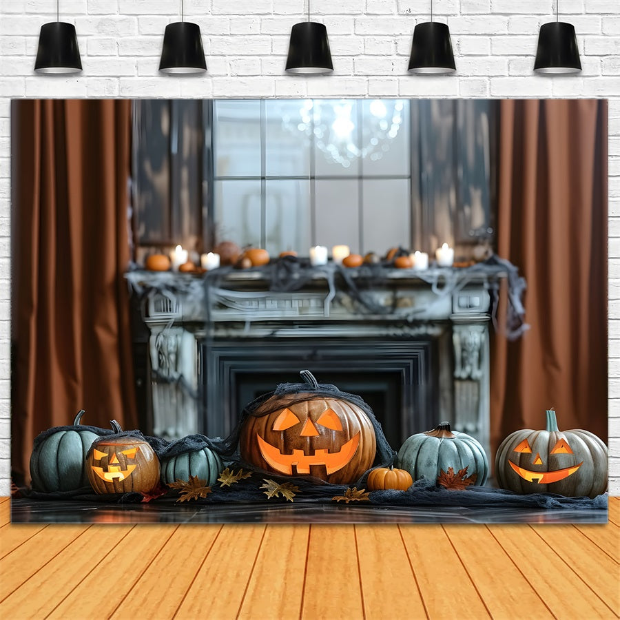 Halloween Fireplace Glowing Pumpkins Backdrop UK RR7-323