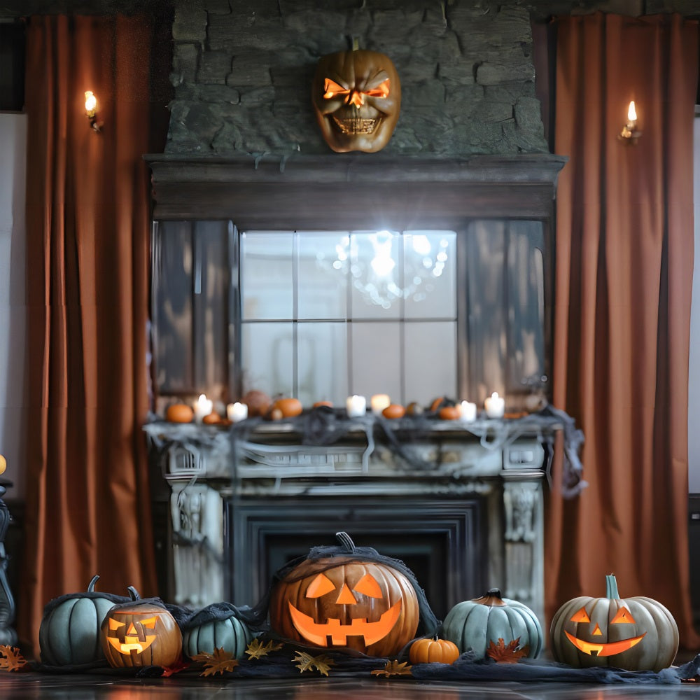 Halloween Fireplace Glowing Pumpkins Backdrop UK RR7-323