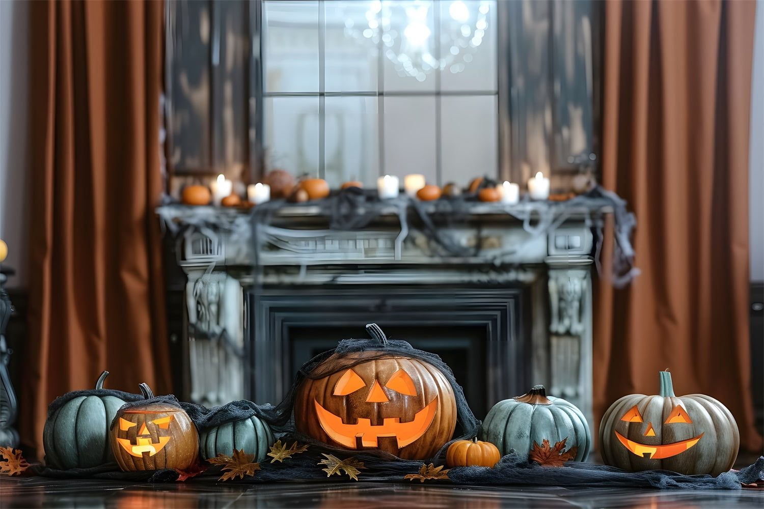 Halloween Fireplace Glowing Pumpkins Backdrop UK RR7-323