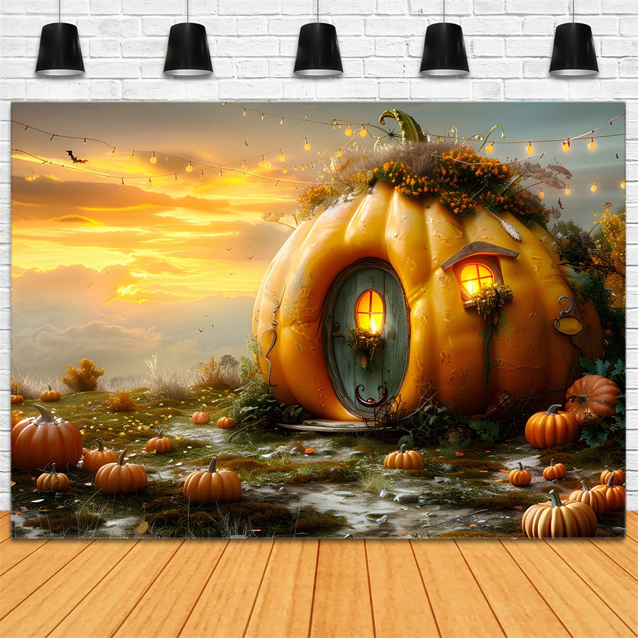 Autumn Pumpkin Cottage Sunset Backdrop UK RR7-324