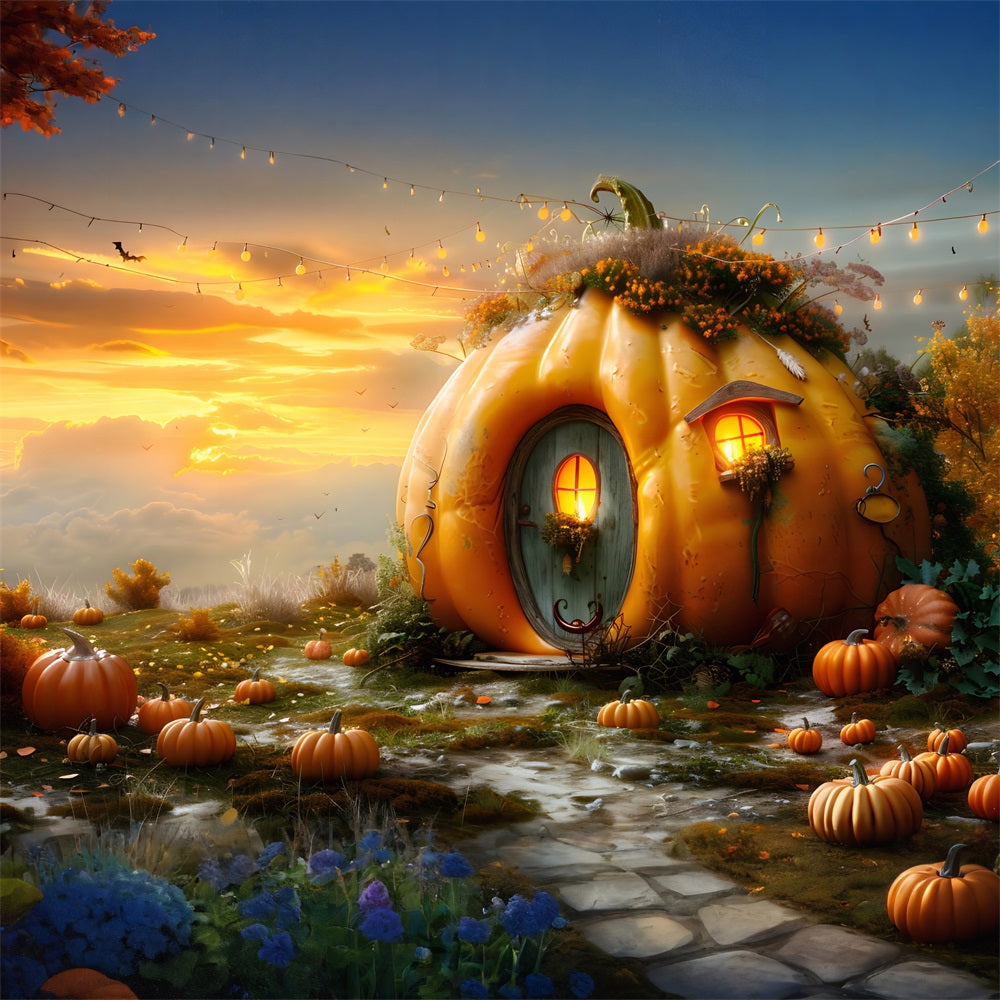 Autumn Pumpkin Cottage Sunset Backdrop UK RR7-324