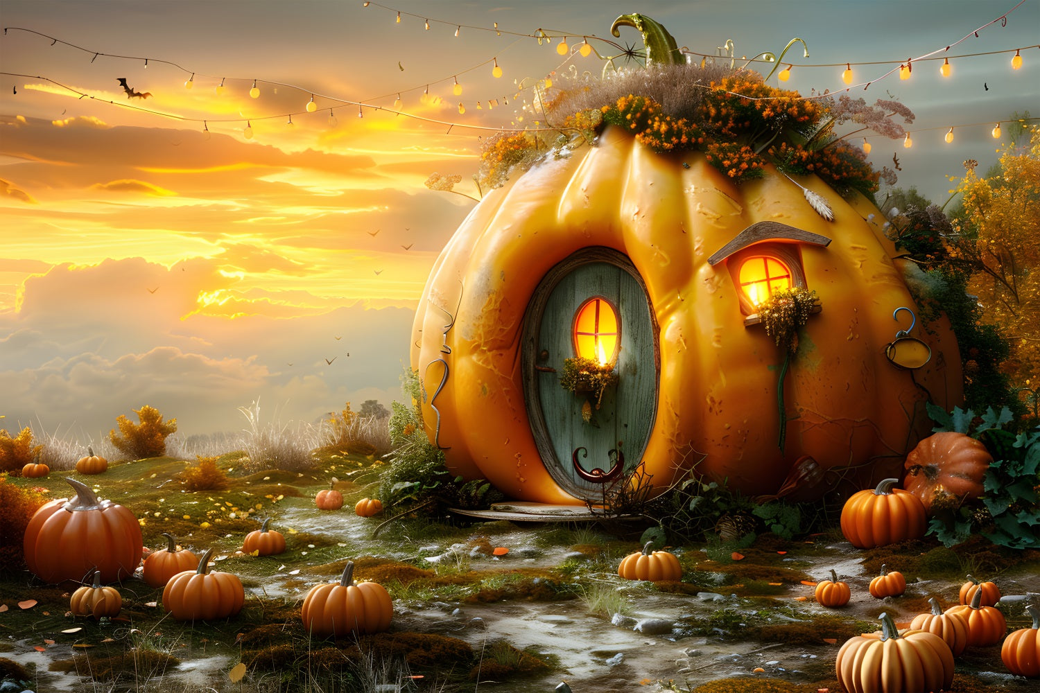 Autumn Pumpkin Cottage Sunset Backdrop UK RR7-324