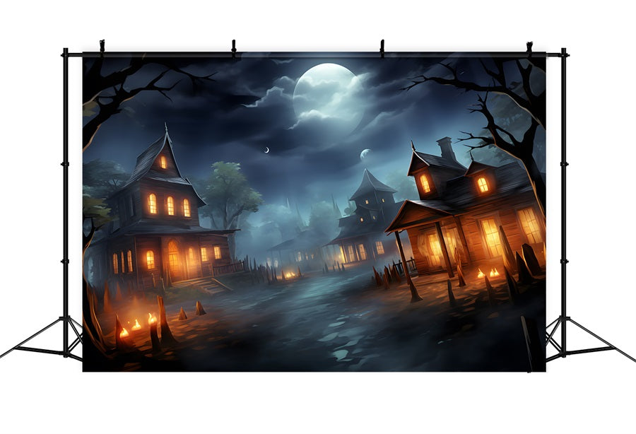 Halloween Moonlit Haunted Village Backdrop UK RR7-325