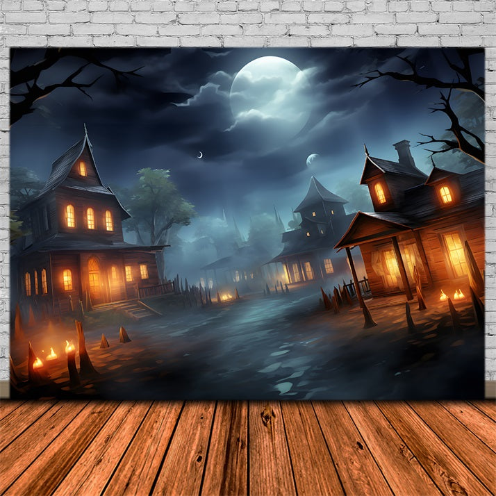 Halloween Moonlit Haunted Village Backdrop UK RR7-325