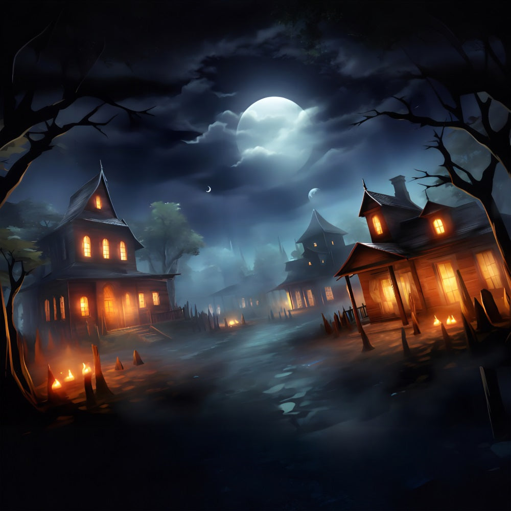 Halloween Moonlit Haunted Village Backdrop UK RR7-325