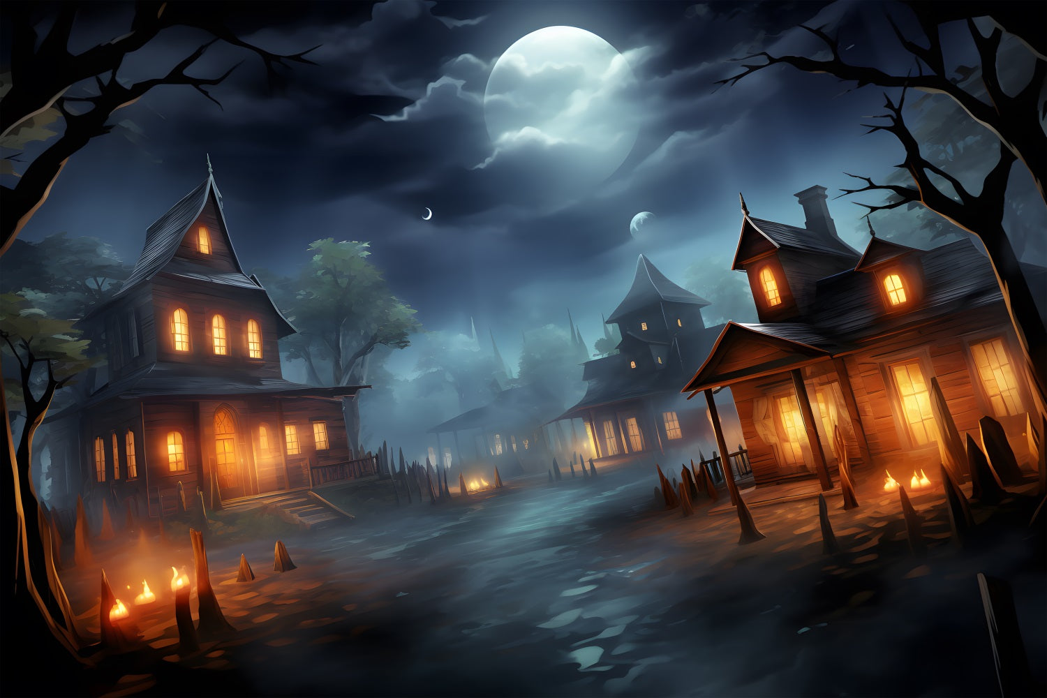 Halloween Moonlit Haunted Village Backdrop UK RR7-325