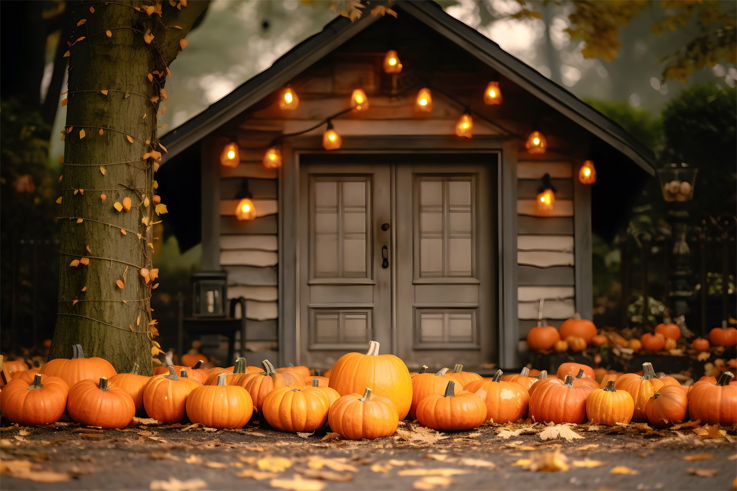 Autumn Evening Cozy Cabin Pumpkins Backdrop UK RR7-326