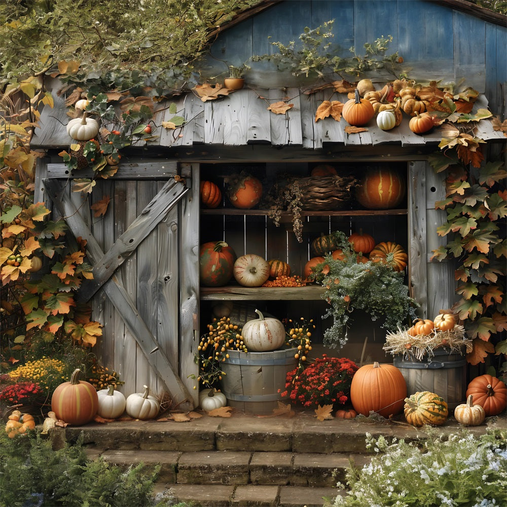 Rustic Autumn Shed Pumpkins Backdrop UK RR7-327