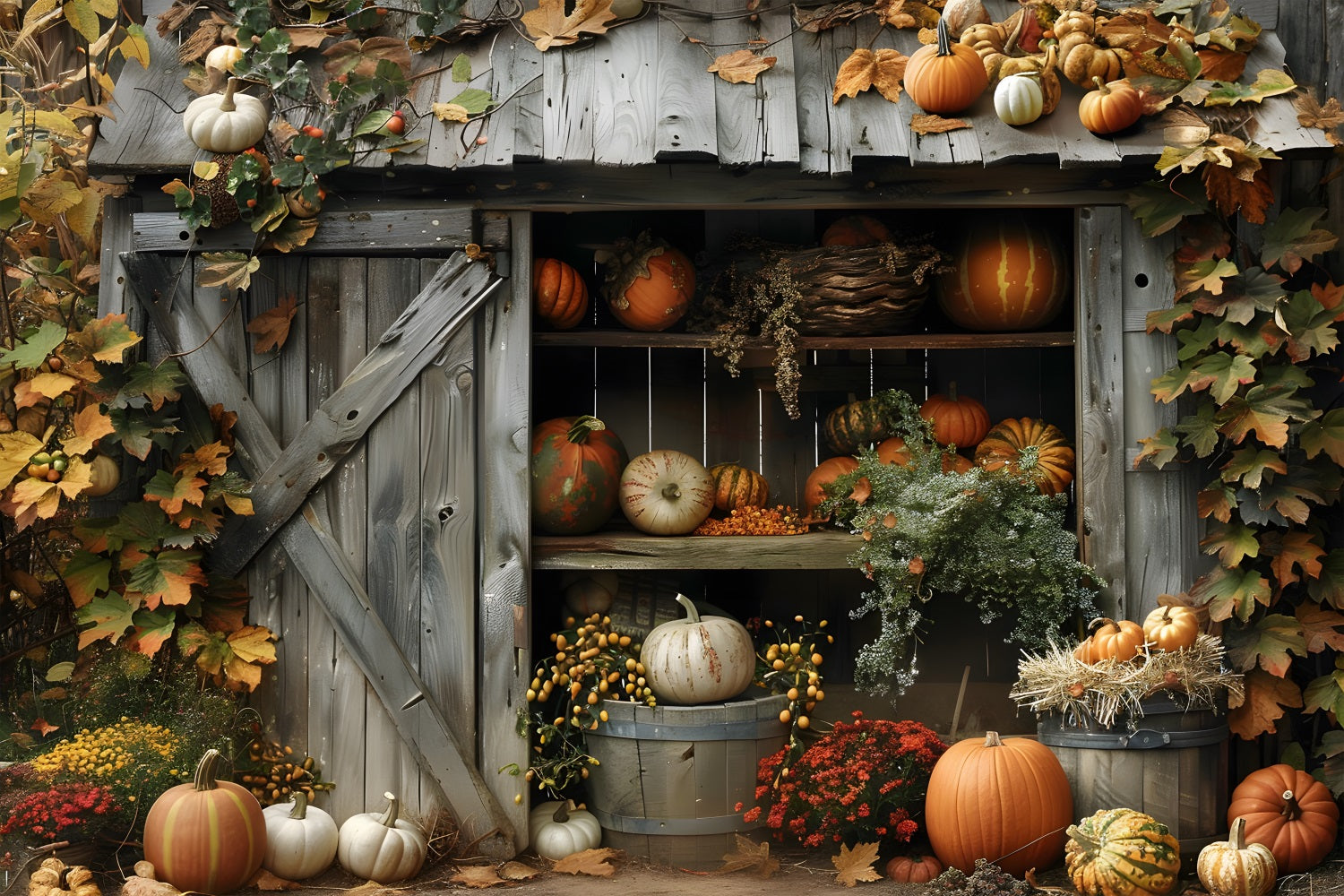 Rustic Autumn Shed Pumpkins Backdrop UK RR7-327