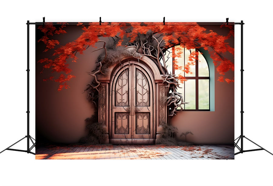 Enchanted Autumn Door Red Leaves Backdrop UK RR7-332