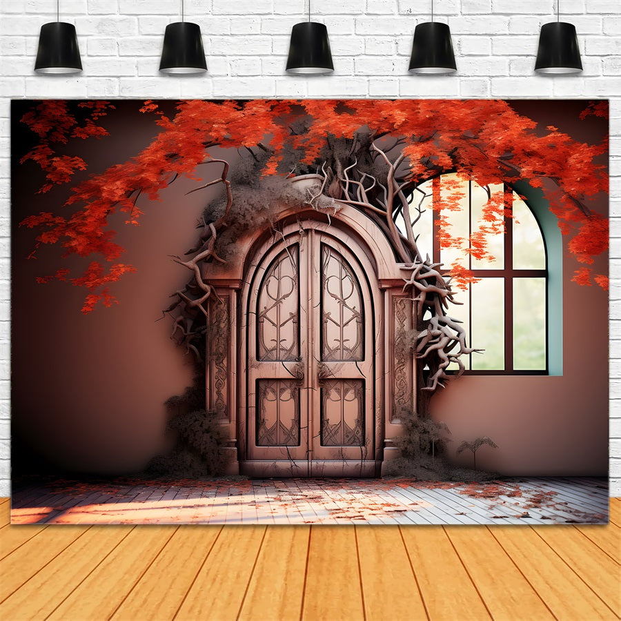 Enchanted Autumn Door Red Leaves Backdrop UK RR7-332