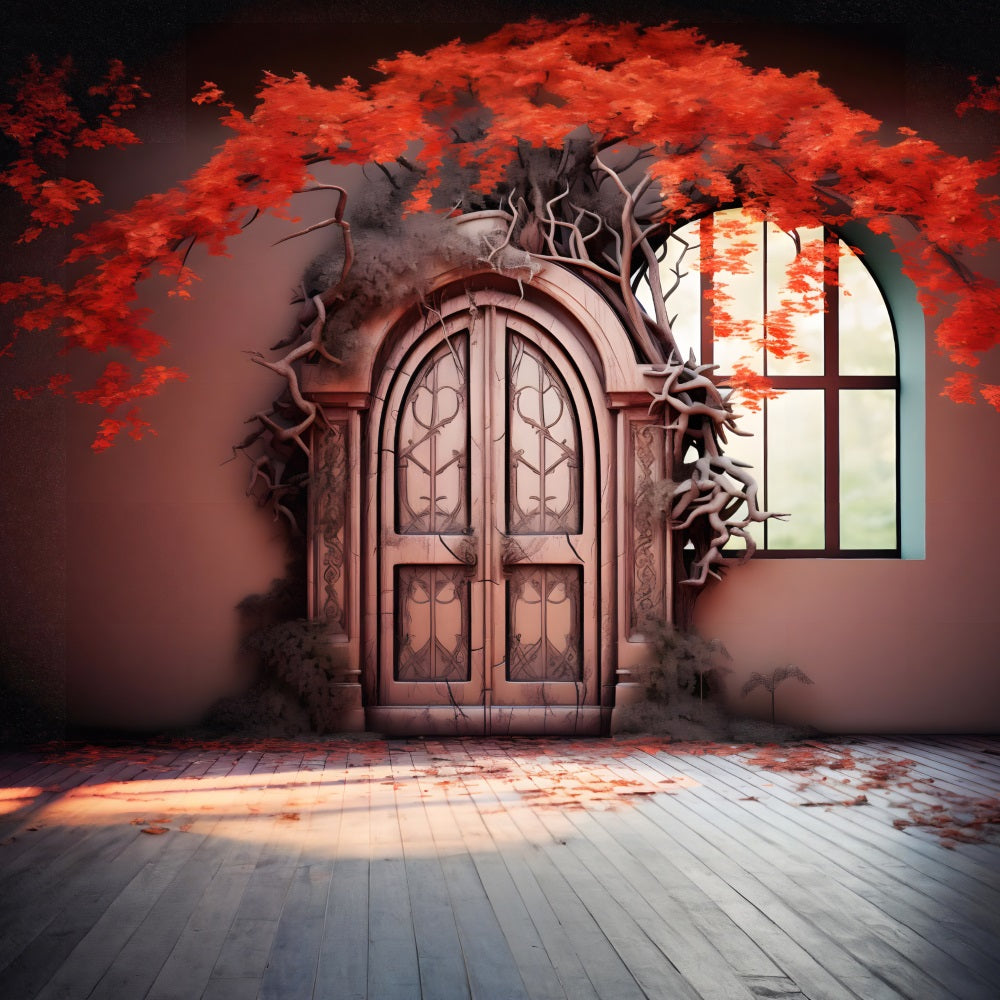 Enchanted Autumn Door Red Leaves Backdrop UK RR7-332