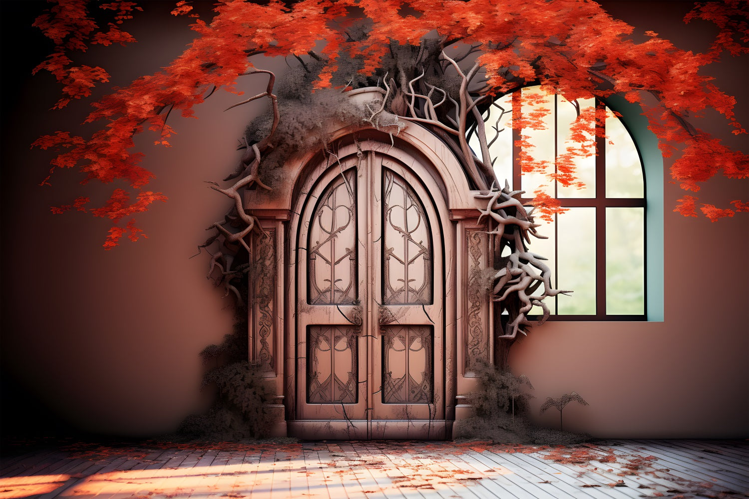 Enchanted Autumn Door Red Leaves Backdrop UK RR7-332