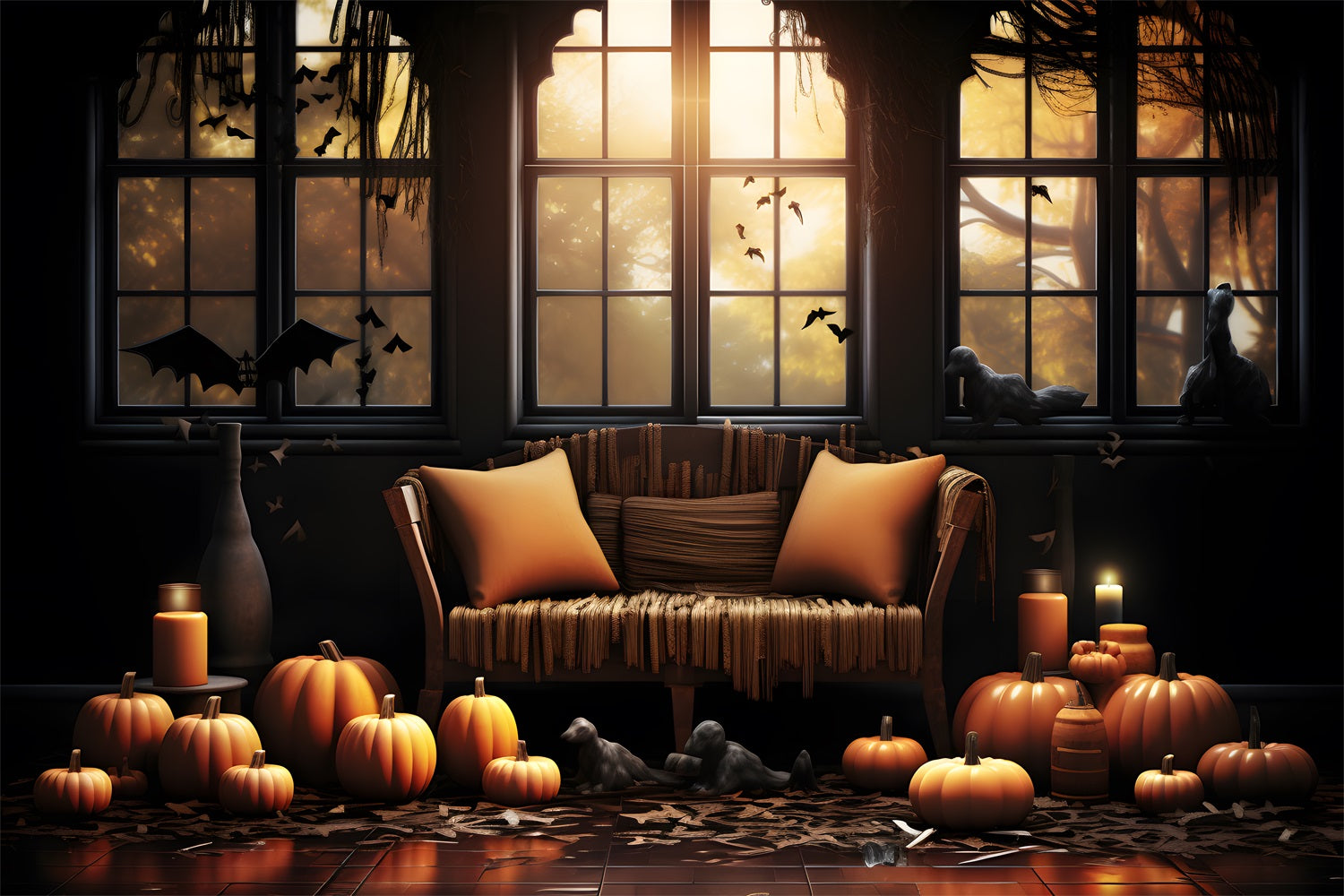 Halloween Cozy Pumpkin Decor Window Backdrop UK RR7-336