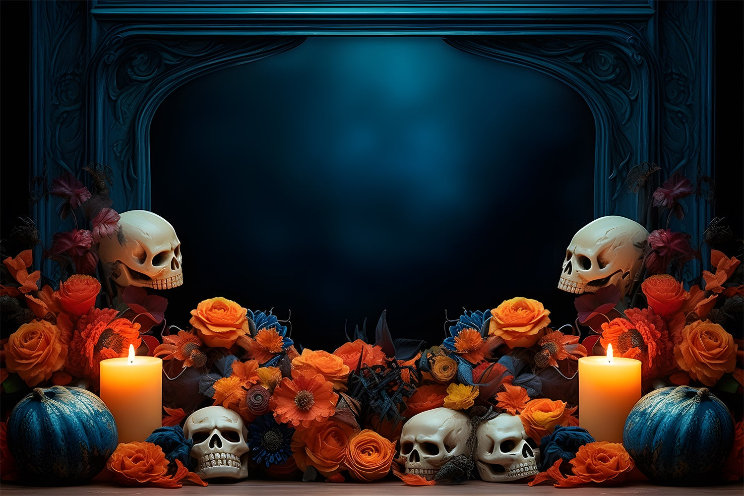 Halloween Skull Floral Candlelit Display Backdrop UK RR7-337