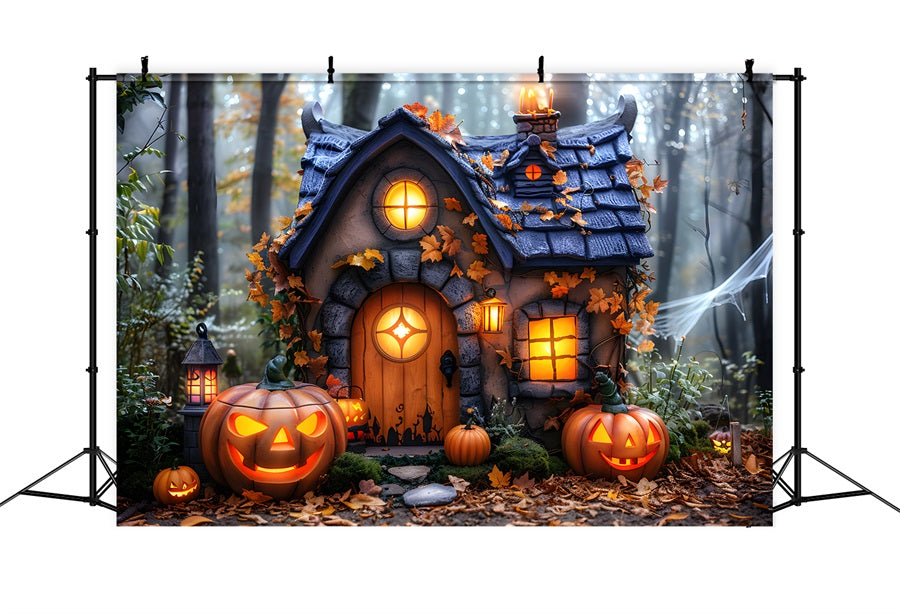 Halloween Cottage Pumpkin Lanterns Backdrop UK RR7-340