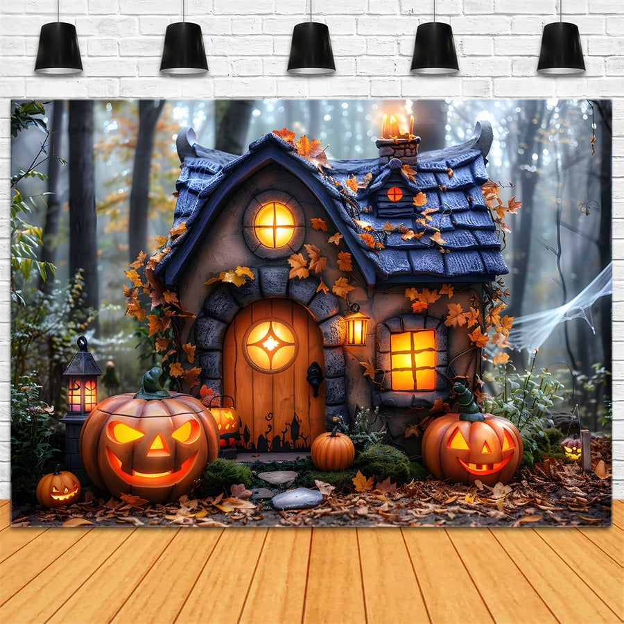 Halloween Cottage Pumpkin Lanterns Backdrop UK RR7-340