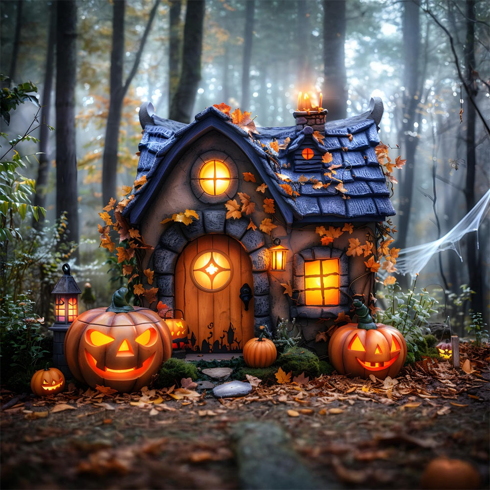 Halloween Cottage Pumpkin Lanterns Backdrop UK RR7-340