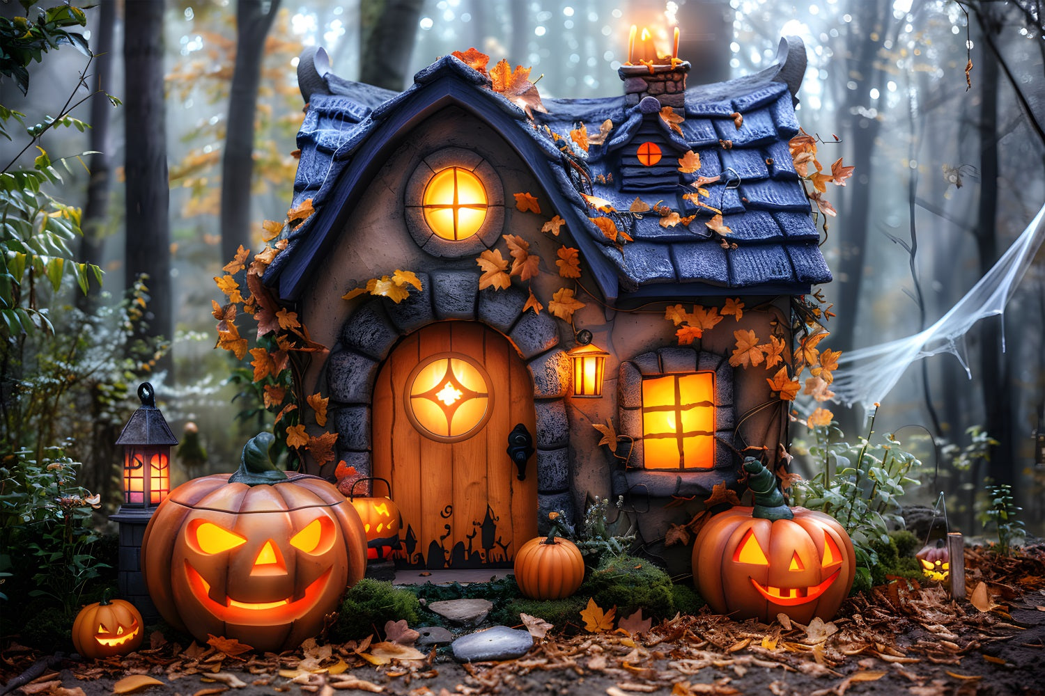 Halloween Cottage Pumpkin Lanterns Backdrop UK RR7-340