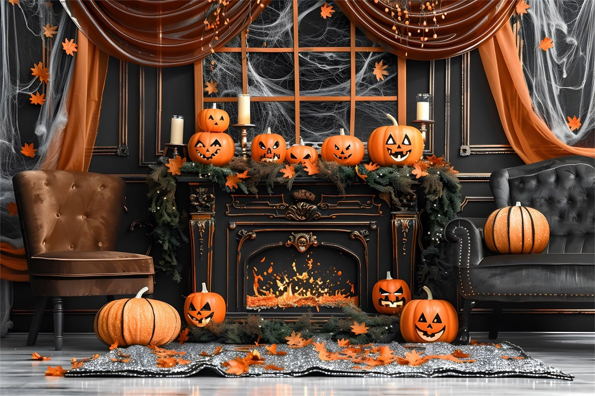 Halloween Pumpkin Lanterns Gothic Fireplace Backdrop UK RR7-341