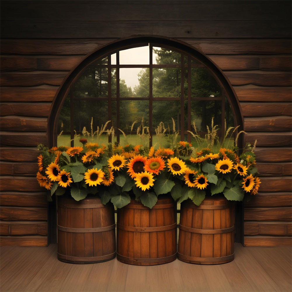 Autumn Barrel Sunflower Display Backdrop UK RR7-342