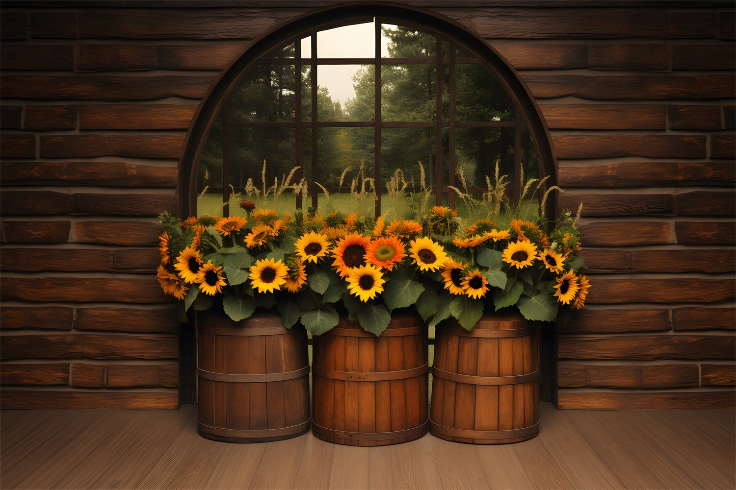 Autumn Barrel Sunflower Display Backdrop UK RR7-342