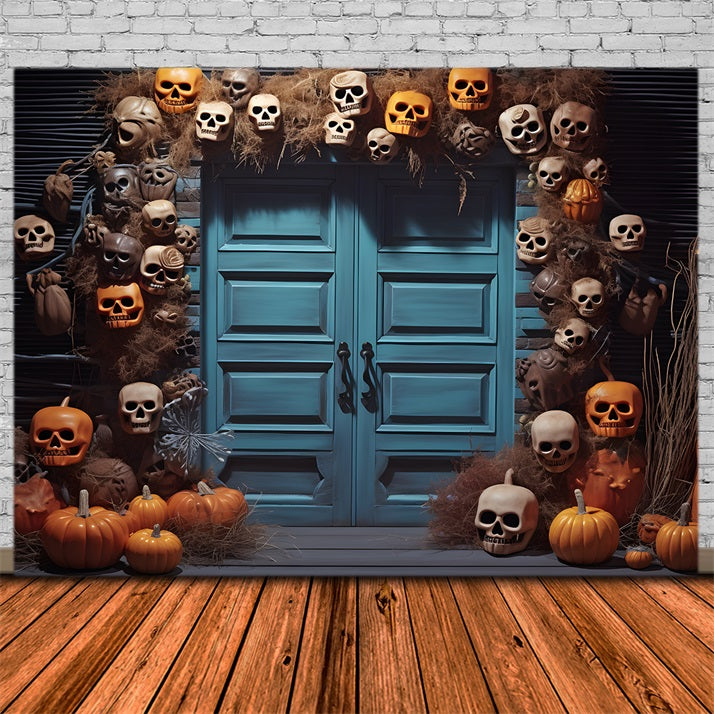 Halloween Skull Pumpkin Lantern Blue Door Backdrop UK RR7-343