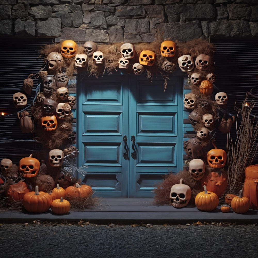 Halloween Skull Pumpkin Lantern Blue Door Backdrop UK RR7-343