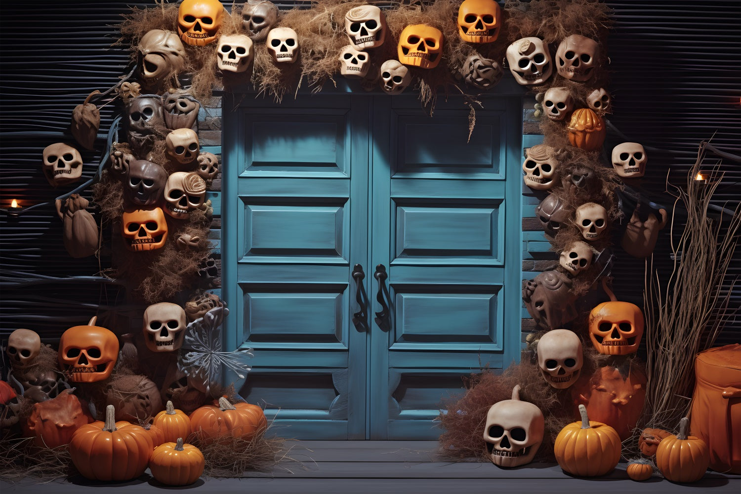 Halloween Skull Pumpkin Lantern Blue Door Backdrop UK RR7-343