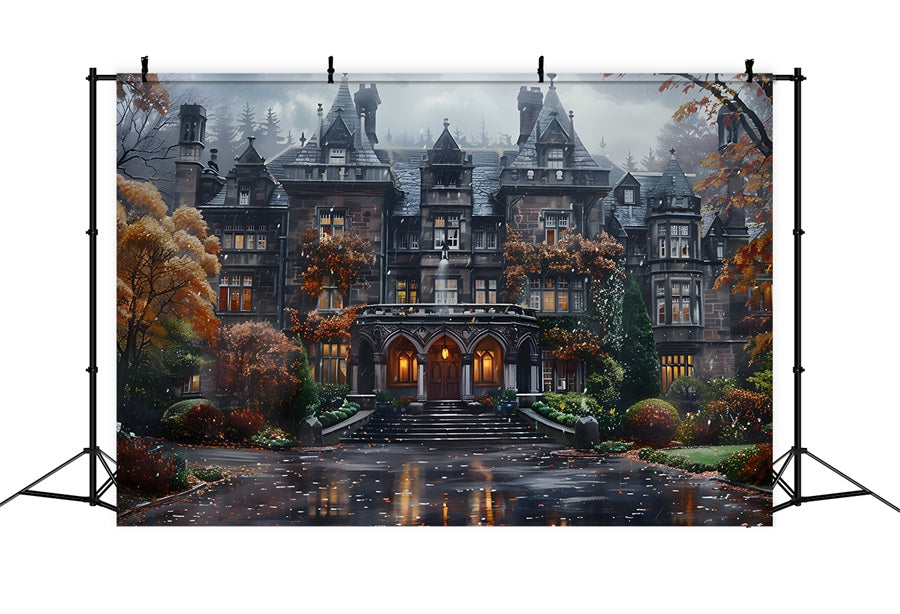 Halloween Gothic Mansion Autumn Foliage Backdrop UK RR7-344