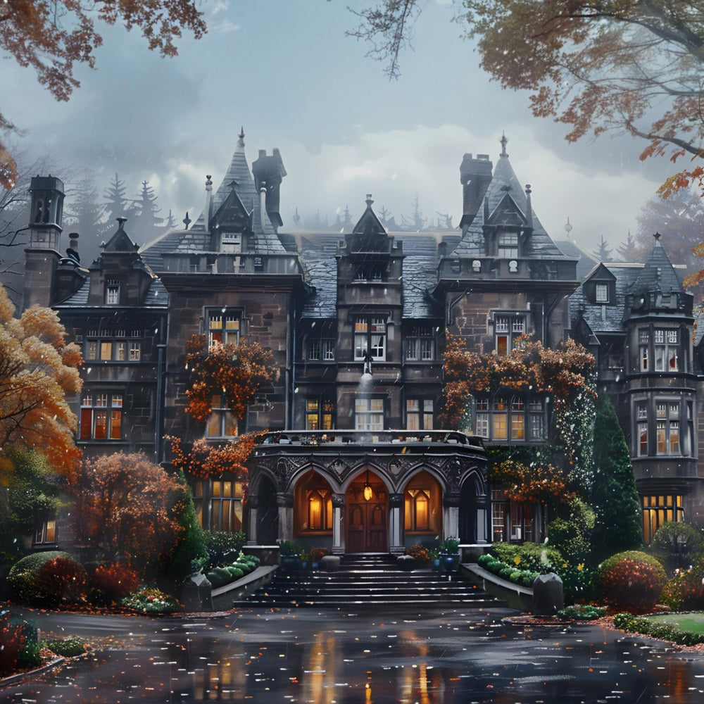 Halloween Gothic Mansion Autumn Foliage Backdrop UK RR7-344