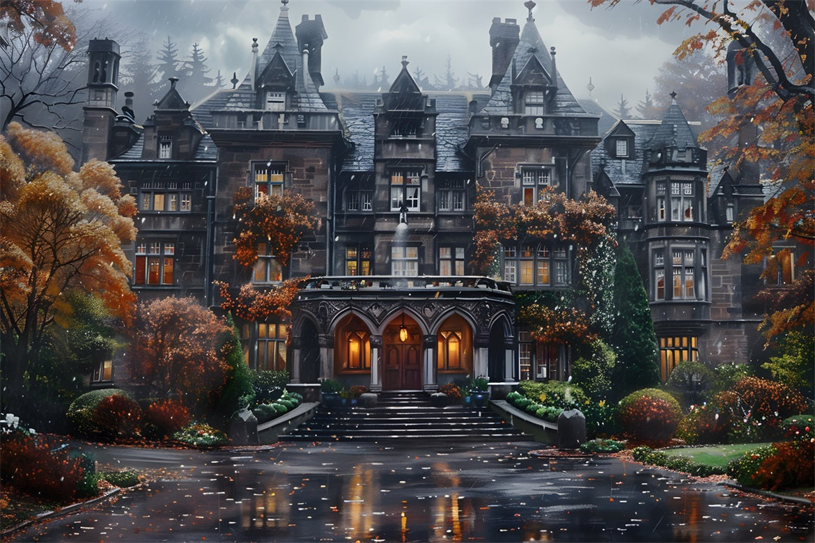 Halloween Gothic Mansion Autumn Foliage Backdrop UK RR7-344